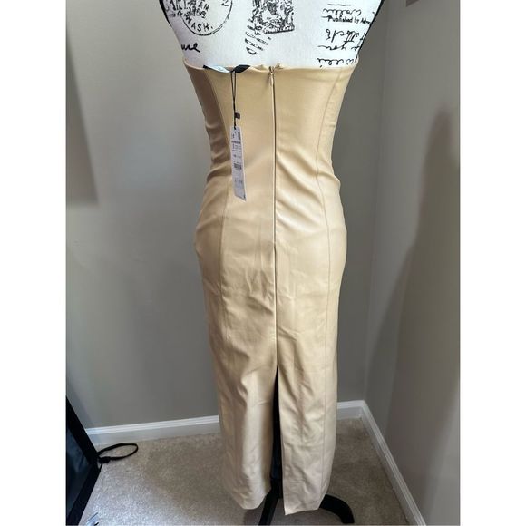ZARA Tan Faux Leather Strapless Midi Dress S - Picture 5 of 14